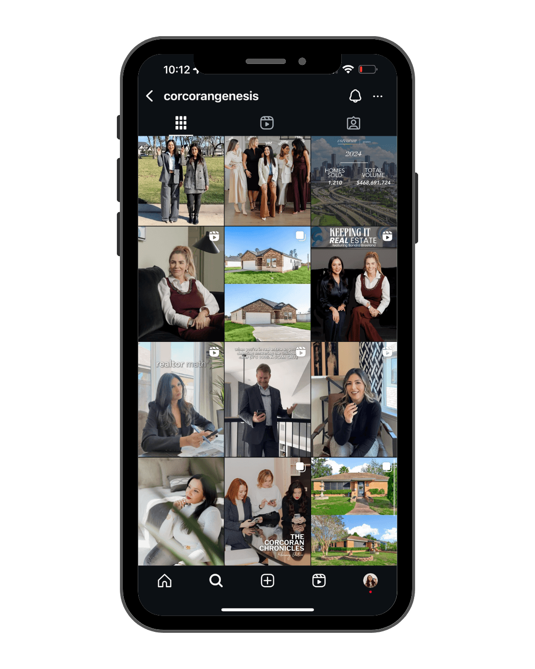 Phone mockup showing a polished real-estate brokerage Instagram feed